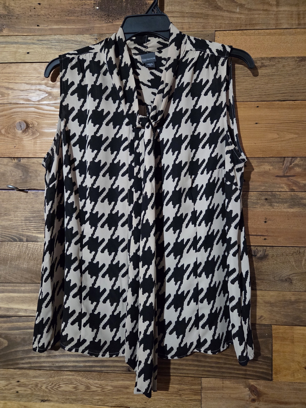 Covington Woman 2X Houndstooth Tie Neck Sleeveless Blouse Career Office Chic